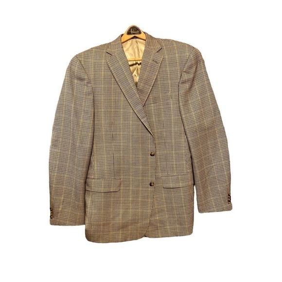 Hart Schaffner Marx Sport Coat Mens 46 L Beige Wool USA Black Label Houndstooth